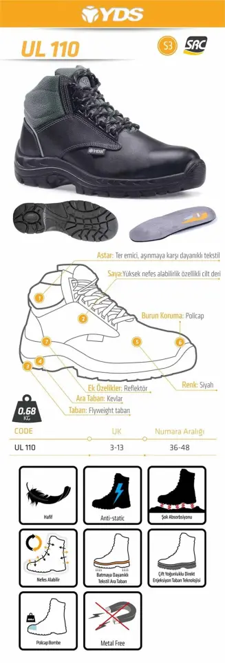 YDS UL 110 S3 POLYCAP BURUN VE L-PROTECTİON ARA TABAN İŞ BOTU