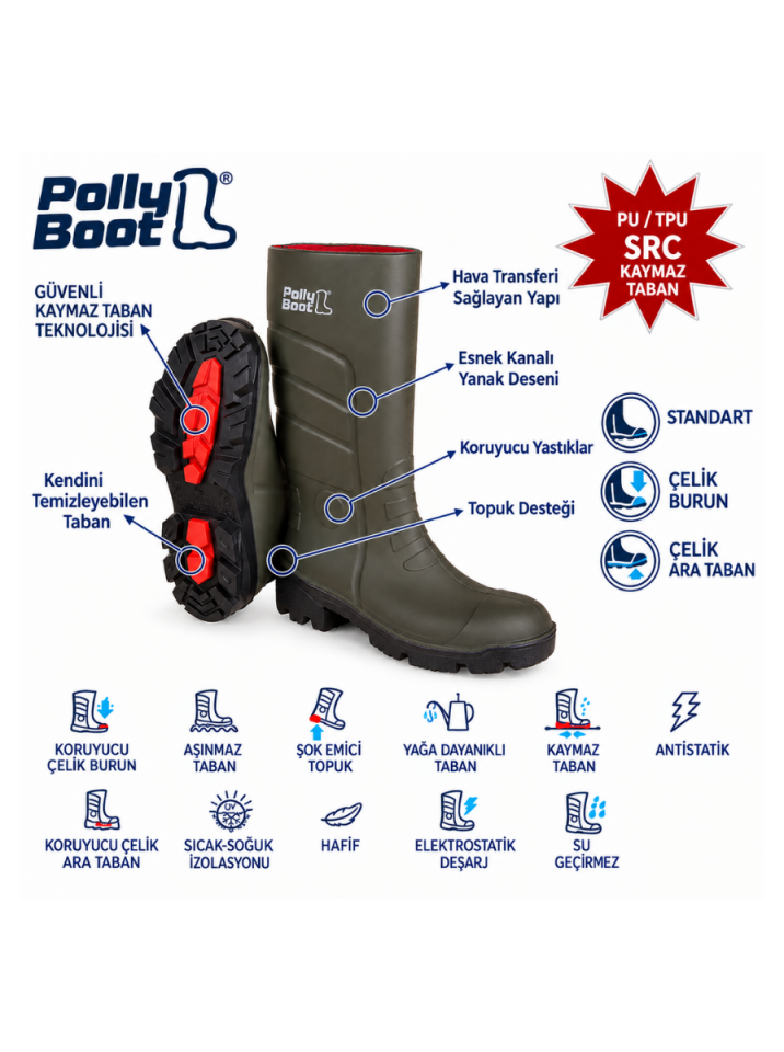Polly Boot Vega Haki S5 Çelik Burun & Çelik Taban İş Çizmesi